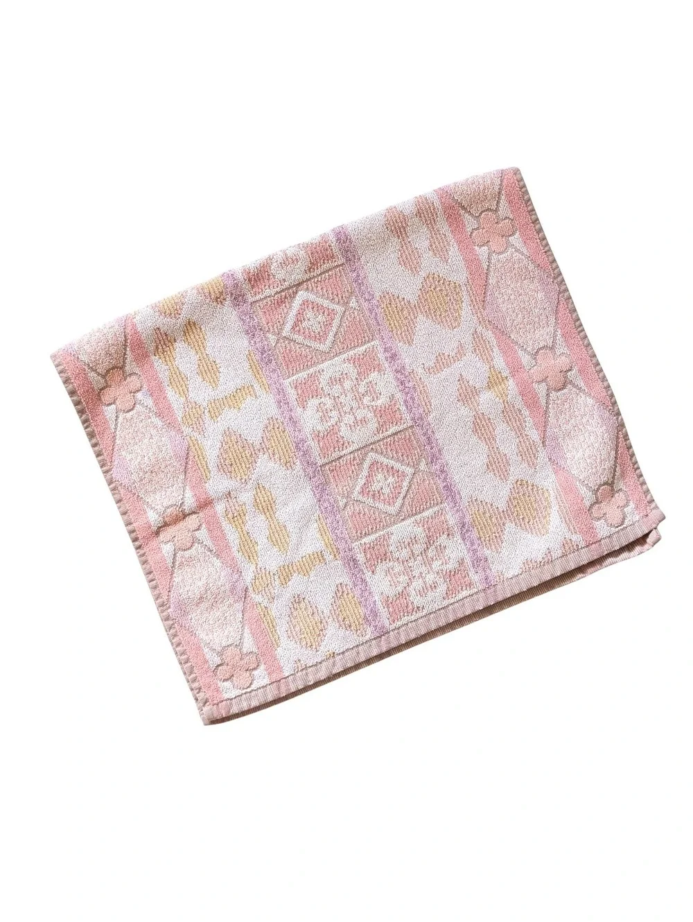 1980s Vintage Creative Bath Hand Towel with Pastel Oushak Style Design